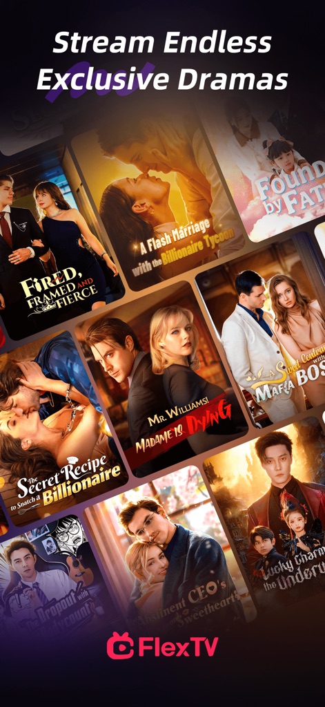 FlexTV: Short Drama, Reels, TV - Explore the app's extensive library, showcasing a visually rich grid of exclusive short drama covers and the prominent "Stream Endless Exclusive Dramas" header.