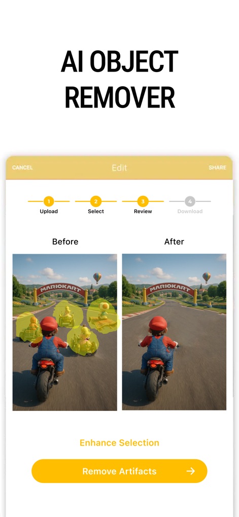 Watermark Maker: Add Signature - Questo strumento offre una funzione avanzata di rimozione oggetti tramite AI, come mostrato dalle aree evidenziate in giallo nell'immagine "Before" che vengono eliminate per un risultato pulito nella vista "After".