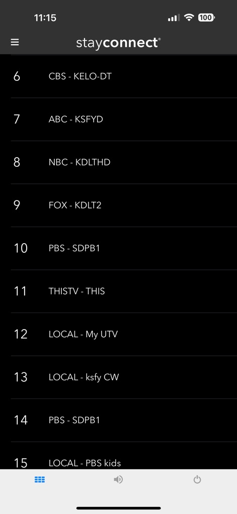stayconnect® remote - Users can easily browse the TV lineup through the intuitive channel list and quickly access different functions via the bottom navigation icons.