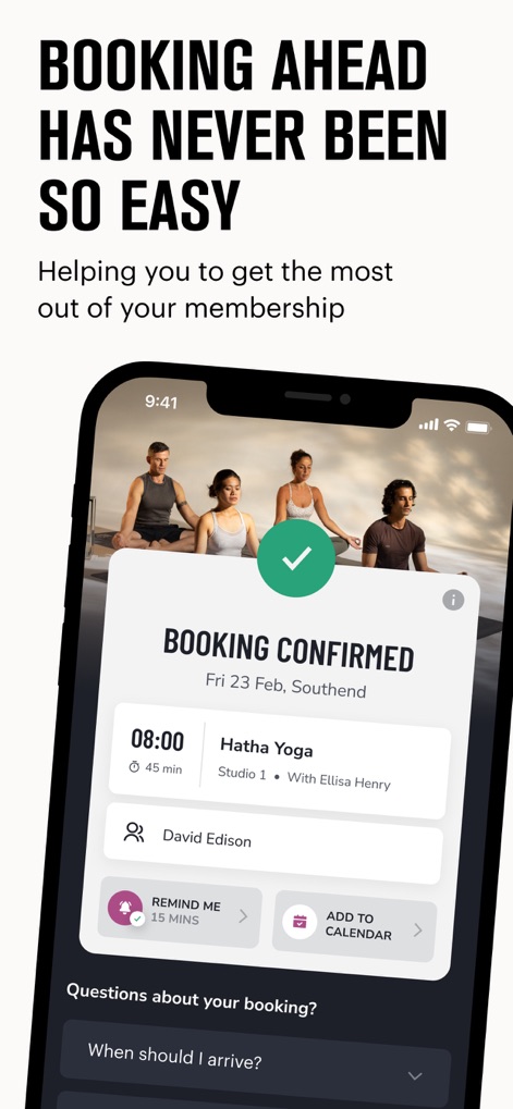 David Lloyd Clubs - The app provides instant booking confirmation with a clear summary of the session, and users can conveniently set a 'REMIND ME 15 MINS' notification or 'ADD TO CALENDAR'.