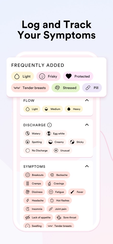 IVY Period & Pregnancy Tracker - A ferramenta permite um registro detalhado de sintomas, incluindo categorias de fluxo e uma lista abrangente de possíveis condições físicas.