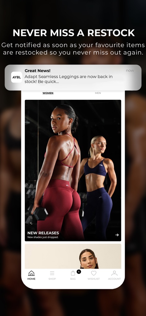 AYBL - Para asegurar que los usuarios no se pierdan nada, la aplicación envía "notificaciones de reposición" automáticas, como la alerta de que los "Adapt Seamless Leggings están de nuevo en stock".