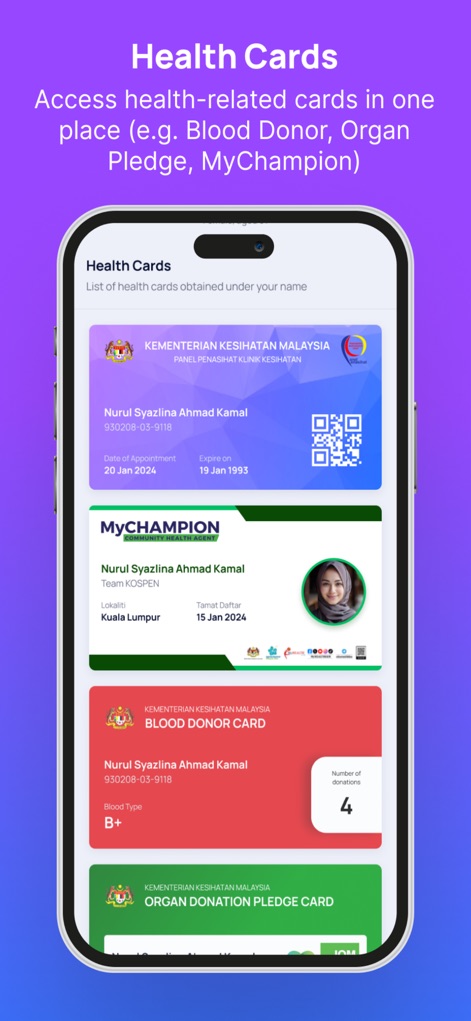 MySejahtera - Conveniently store and access various digital health cards, such as the Blood Donor card and MyCHAMPION certificate, in one secure location.
