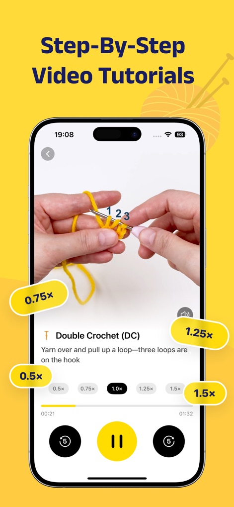 LoopCraft: Crochet & Knitting - Maîtrisez chaque technique à votre rythme grâce aux tutoriels vidéo pauseables de l'application, qui offrent des options de vitesse de lecture (0.5x, 1.0x, 1.5x) et des contrôles intuitifs pour revenir en arrière ou avancer de 5 secondes.