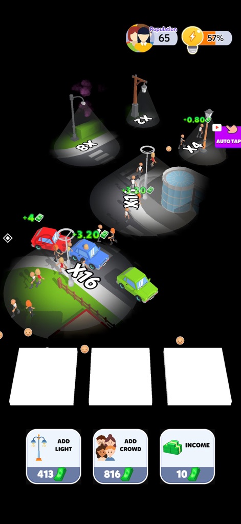 City Lights 3D - This view showcases additional lights expanding the illuminated area, revealing cars and a water tower, with the population and light percentage growing.