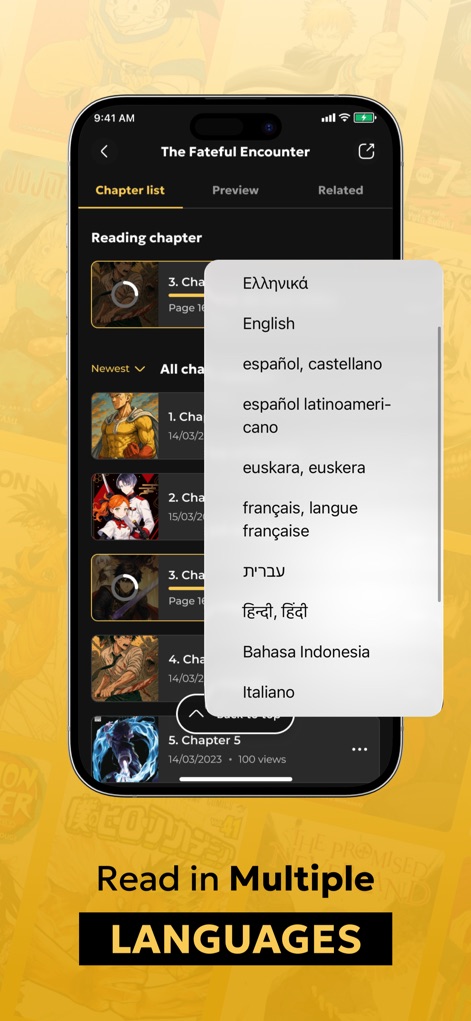 Manga Reader King - Os usuários podem selecionar entre 'Multiple LANGUAGES' diretamente da lista de capítulos, aprimorando a experiência de leitura global com opções como 'English' e 'Español'.