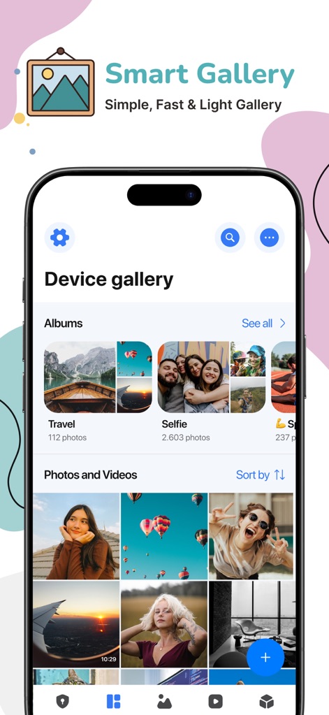Gallery - Photo Vault - Users can effortlessly navigate their media through smartly categorized albums like 'Travel' and 'Selfie', with a comprehensive grid displaying both photos and videos for quick access.