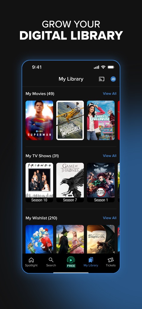 Fandango at Home: Movies & TV - Users can effortlessly manage their personal media, neatly organized into "My Movies" and "My TV Shows" sections, complemented by a convenient "My Wishlist" for tracking desired content.