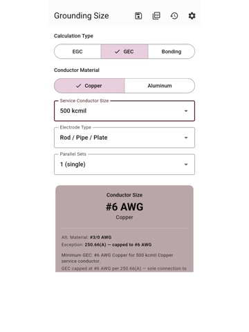 Grounding Size Calc NEC iPad screenshot