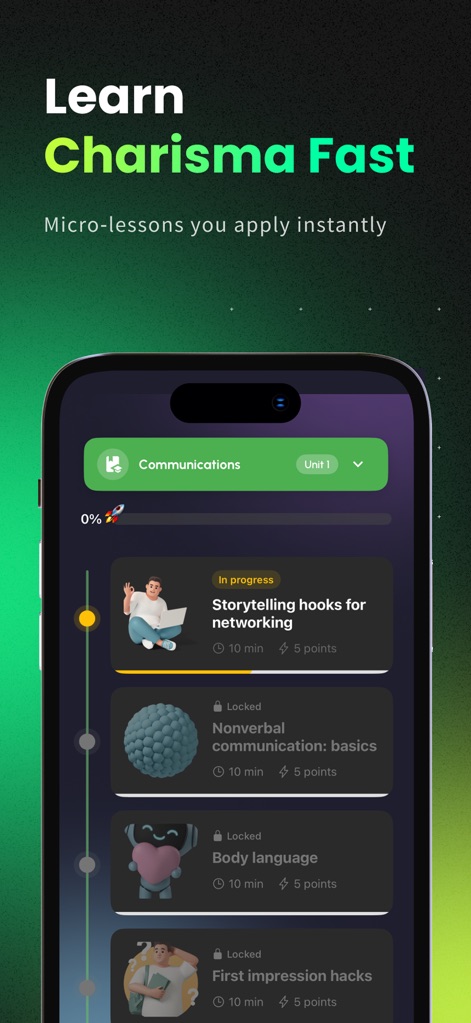 CharmXP: AI Charisma Coach - アプリは、「ネットワーキングのためのストーリーテリング」のようなマイクロレッスンモジュール（X）を通じて、短時間で効果的にカリスマ性を高めることを可能にし、各レッスンの進捗表示とポイントシステム（Y）で学習意欲を促します。