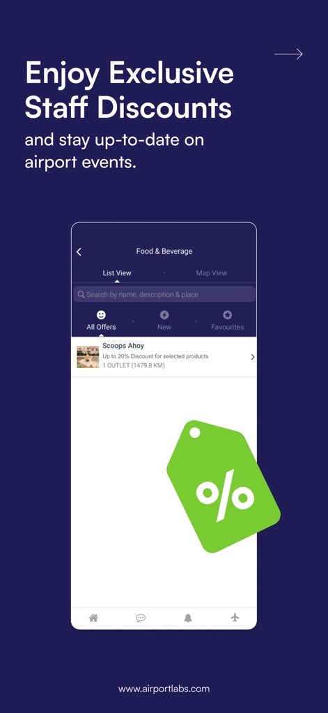 Airport Community - 従業員は「Food & Beverage」セクションで、限定割引や空港内のイベント情報を手に入れることができます。本アプリは、「List View」と「Map View」の切り替え機能、および「Scoops Ahoyの割引オファー」を通じて、日々の生活を豊かにします。