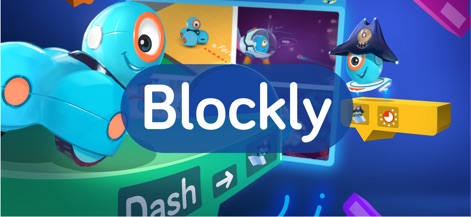 Blockly for Dash & Dot robots - La aplicación presenta una introducción colorida con los robots Dash y Dot, destacando la interfaz Blockly y la robótica lúdica que espera a los usuarios.