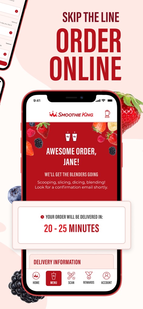 Smoothie King - このスクリーンショットは、オンライン注文の完了と配送予定時間を示しています。「AWESOME ORDER, JANE!」という確認メッセージと「YOUR ORDER WILL BE DELIVERED IN: 20 - 25 MINUTES」というタイマー表示で、ユーザーは注文状況を把握できます。