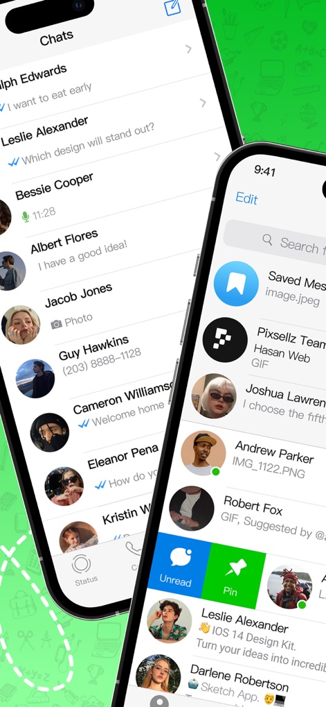 Dual Messenger & Duo Web - Los usuarios pueden organizar sus conversaciones de manera eficiente, como se muestra con las opciones de 'Unread' y 'Pin', además de la posibilidad de visualizar simultáneamente la lista de chats y la conversación activa.