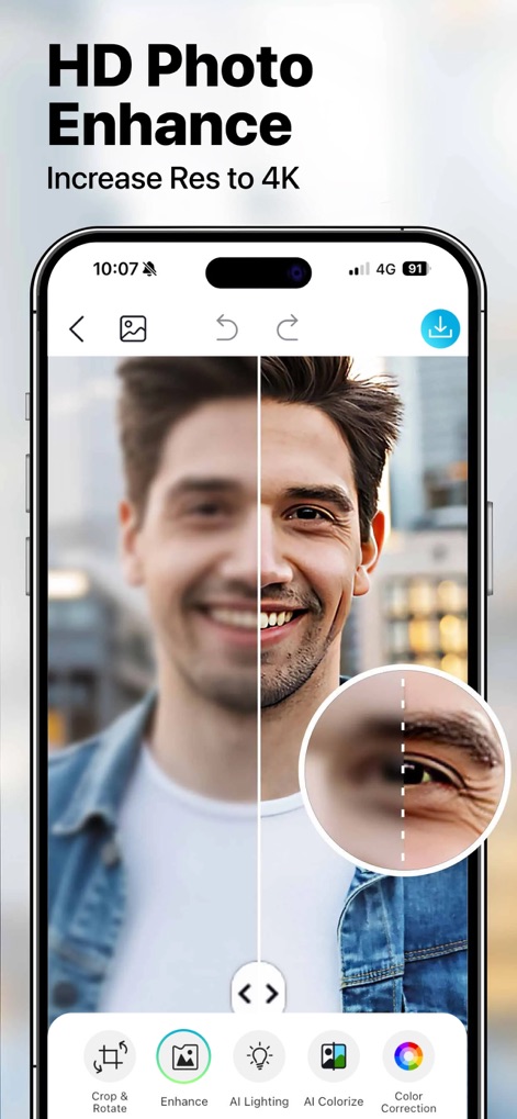 YouCam Enhance: Photo Enhancer - La aplicación aumenta la resolución de las fotos a 4K, detallando expresiones faciales y texturas con una claridad asombrosa.