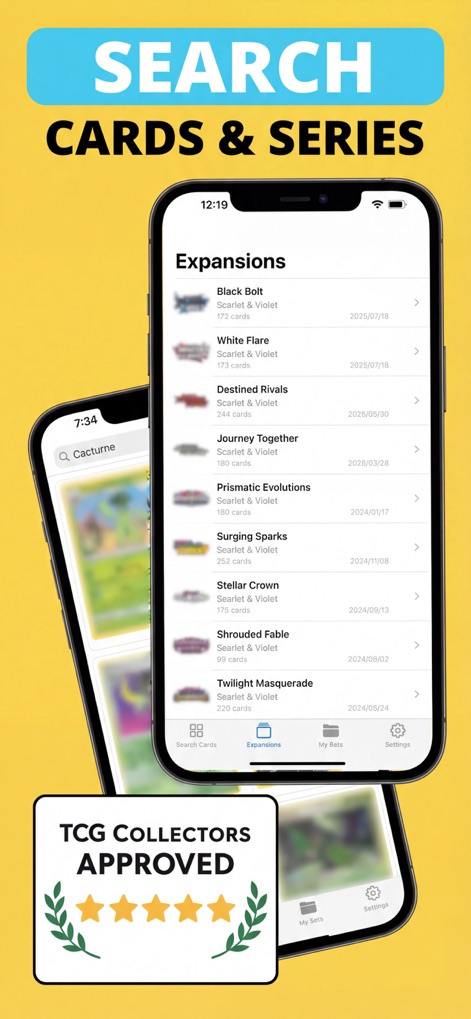 TCG Scanner Card - Pokechart - 사용자는 이 도구를 통해 다양한 확장팩 목록('Black Bolt', 'White Flare' 등)을 살펴보고, 이름으로 카드를 검색하여 ('Cacturne' 검색창) 원하는 컬렉션 정보를 손쉽게 찾을 수 있습니다.