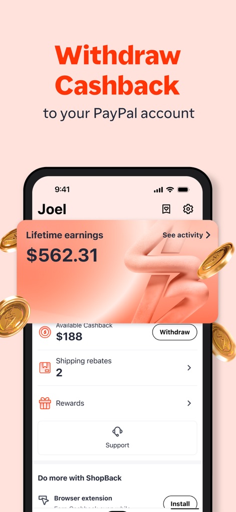 ShopBack: Cashback & Rewards - This screen highlights the user's available cashback balance and the clear withdrawal option to PayPal or bank account.