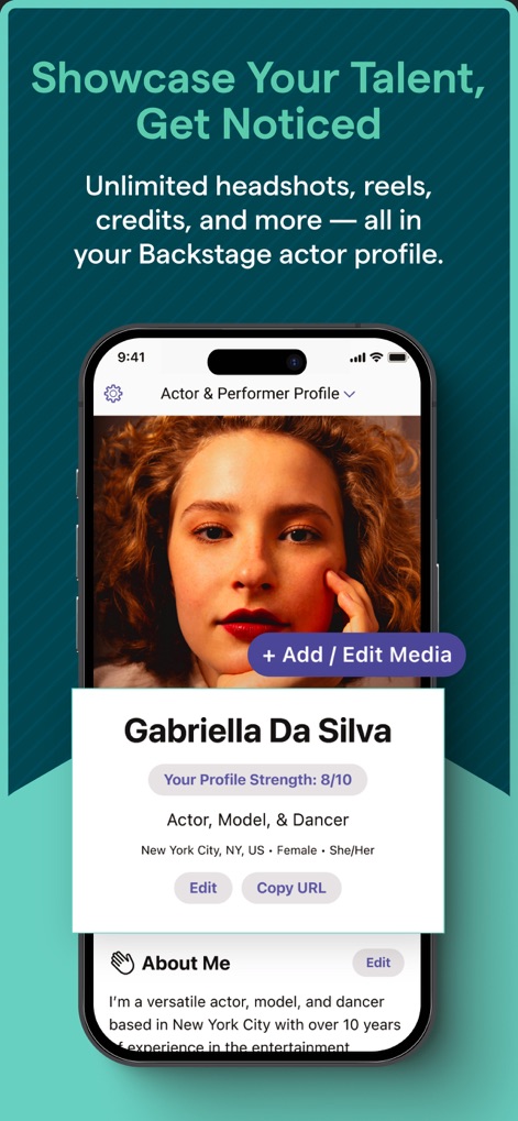 Backstage - Casting Calls - Users can create detailed profiles, easily adding or editing media like 'headshots' and viewing their 'Profile Strength' score to optimize their online presence.