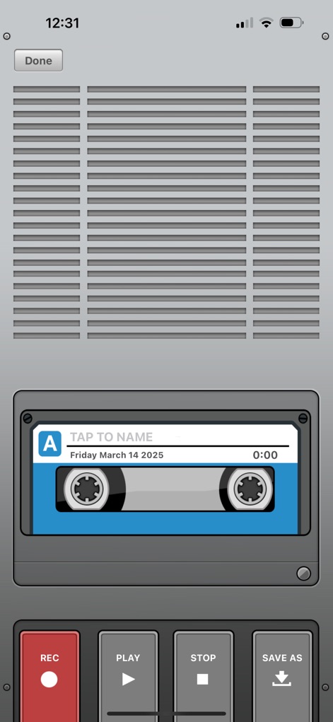 Voice Recorder & Audio Editor - Discover the app's unique analog cassette tape interface and the clear 'REC' button for a nostalgic yet functional recording experience.