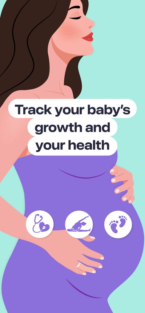 Pregnancy Tracker, Due Date - The app provides an inviting overview of its capabilities with a soothing illustration of a pregnant woman and clear iconic representations of key features.