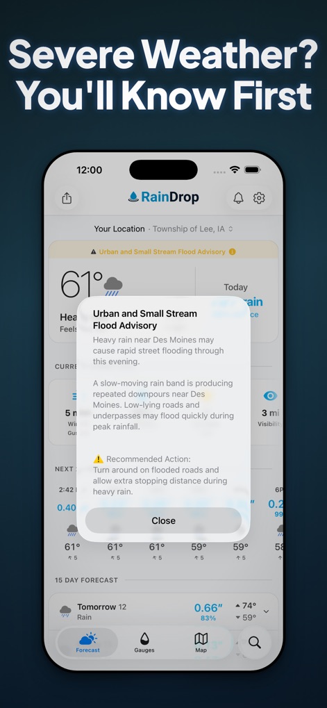 RainDrop - Rain Totals & Radar - The app provides immediate severe weather alerts, such as flood advisories, directly within the forecast, ensuring users are informed of critical conditions.