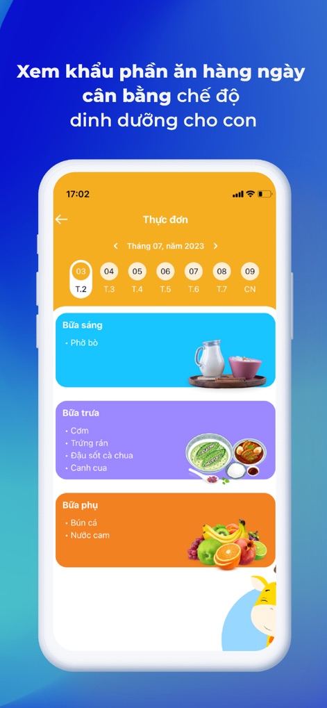 vnEdu Connect - Users can review the daily 'Thực đơn' (Menu) featuring balanced meals for 'Bữa sáng' (Breakfast) and 'Bữa trưa' (Lunch) with visual representations of food items.