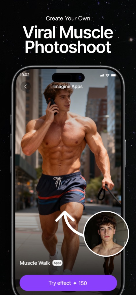 ImagineArt: AI Video Generator - O aplicativo demonstra um efeito divertido que transforma a imagem de um usuário, exibindo um físico musculoso em um cenário urbano.