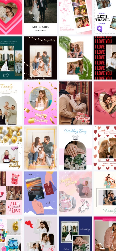 Photo Collage Maker・Pic Layout - Esta herramienta presenta una amplia variedad de plantillas temáticas, como diseños para “Mr & Mrs” y formas de corazón, permitiendo a los usuarios expresar cada momento de forma única y con creatividad sin límites.