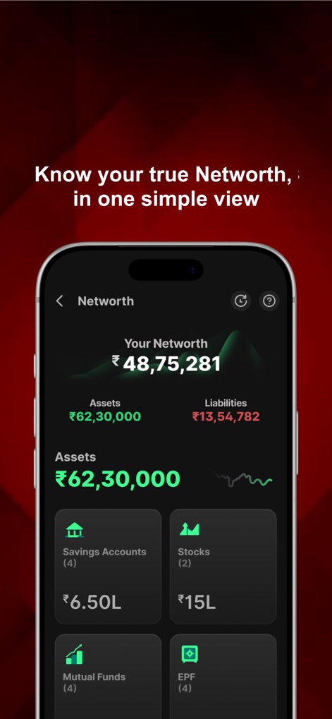 IDFC FIRST Bank: MobileBanking - Les utilisateurs peuvent visualiser leur patrimoine net global et accéder rapidement aux détails de leurs actifs et passifs, comme le montrent les sections dédiées aux "Savings Accounts" et aux "Stocks".