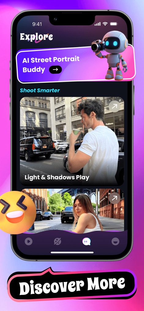 ChatOnline: Live Video Call - La section "Explore" propose des ressources uniques comme l'"AI Street Portrait Buddy" pour des conseils créatifs et présente des exemples visuels pour "Shoot Smarter", enrichissant l'expérience photographique.