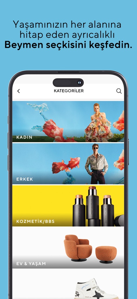 Beymen - La herramienta permite a los usuarios descubrir la extensa gama de productos a través de una estructura de categorías organizada, destacando la diversidad de secciones como 'Hombre' y 'Hogar y Vida'.