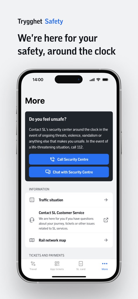 SL-Journey planner and tickets - The app offers robust safety measures, including direct security contact options and a comprehensive information section for support and updates.