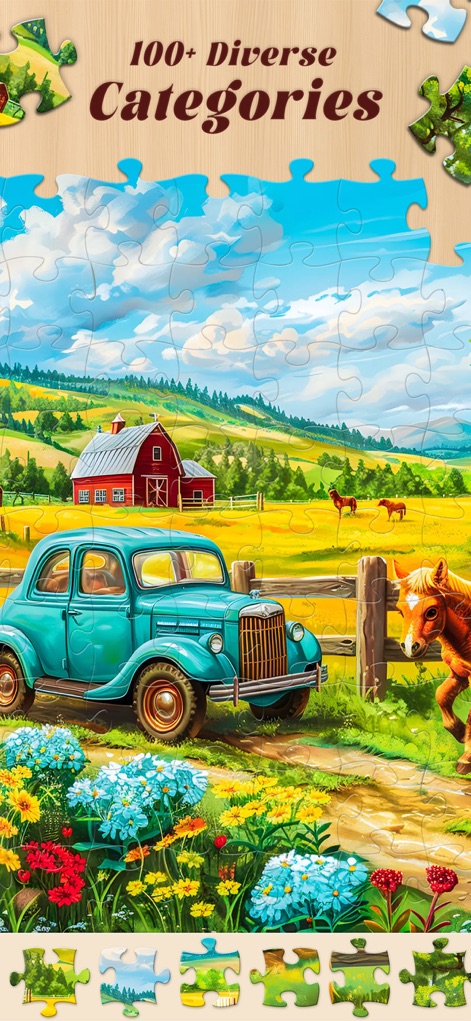 Jigsaw Master - Jigsaw Puzzles - Discover '100+ Diverse Categories' of puzzles, featuring a wide range of subjects from vintage vehicles to picturesque landscapes and animals.