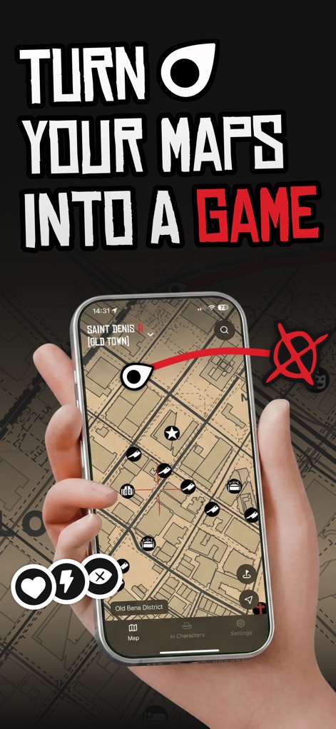 Game Maps IRL - The app reimagines navigation, presenting a vintage game map aesthetic for 'Saint Denis [Old Town]' and incorporating familiar game-like UI elements such as heart and lightning icons.