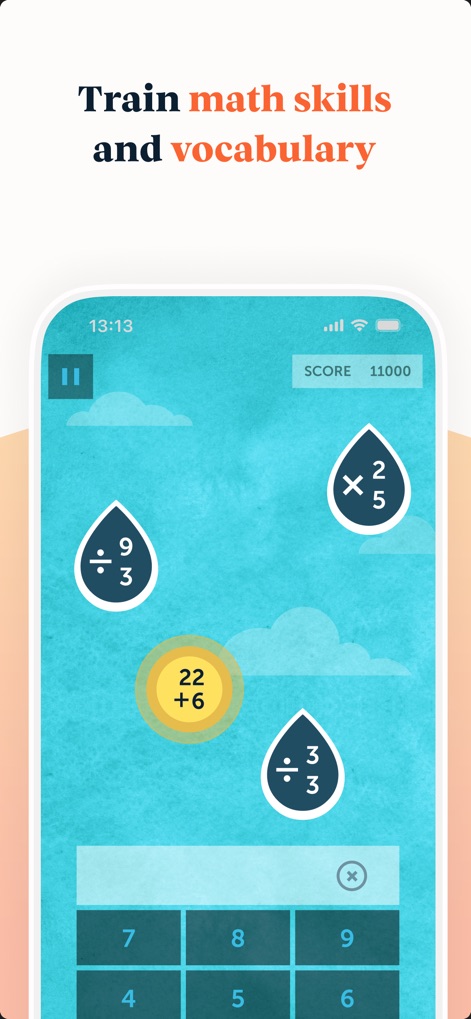 Lumosity: Brain Training Games - L'app offre giochi coinvolgenti, come mostrato dall'interfaccia con operazioni matematiche e tastiera numerica, progettati per allenare le abilità attraverso sfide visive e interattive.
