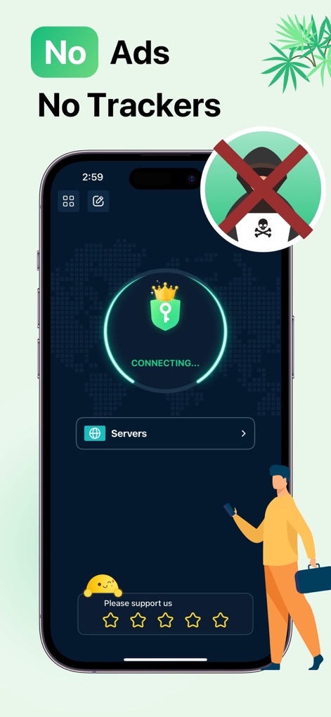 XY VPN - Secure Your Network - The app clearly indicates a "CONNECTING..." status with a robust shield icon, alongside a visual representation signifying the absence of ads and trackers.