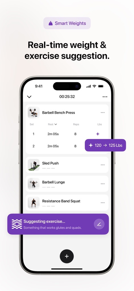 Motra AI Workout Fitness Coach - Observe the 'Smart Weights' system in action, offering 'Real-time weight & exercise suggestion' with dynamic recommendations and adaptive adjustments during a workout.