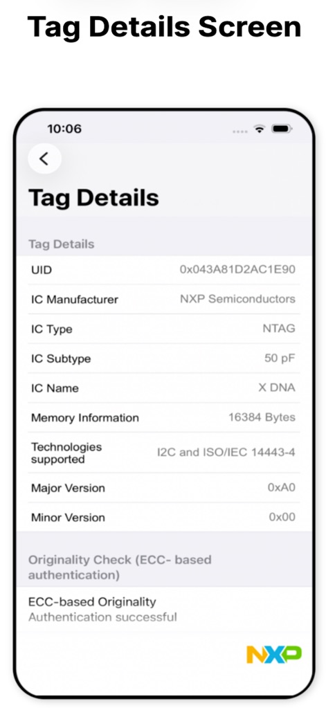 NFC TagInfo by NXP - This screen provides comprehensive "Tag Details" like UID and IC Type, alongside a crucial "Originality Check" status for authenticity verification.