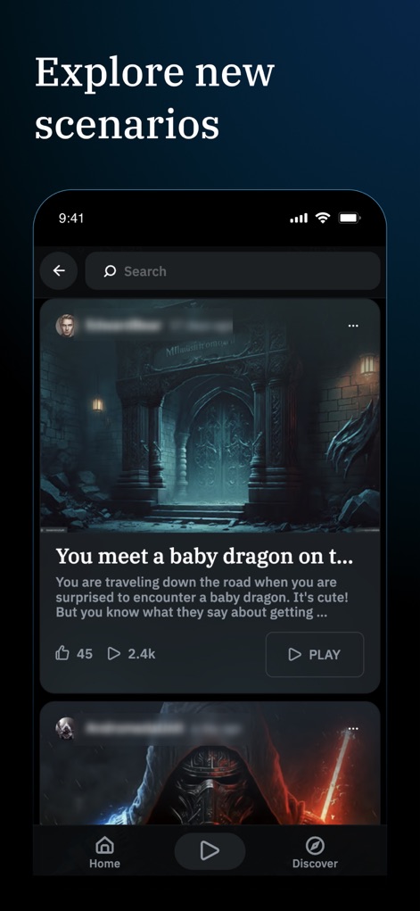 AI Dungeon: RPG & Story Maker - Gli utenti possono scoprire un'ampia varietà di scenari pre-esistenti tramite la sezione "Discover", dove schede vivide con immagini e descrizioni accattivanti invitano a nuove avventure.
