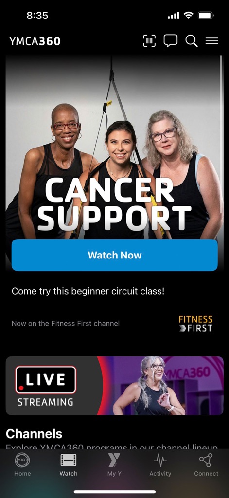 YMCA360 - Les utilisateurs peuvent explorer une richesse de cours, comme le programme 'Cancer Support', et profiter du badge 'LIVE STREAMING' pour des sessions en direct immersives.