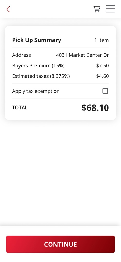 Nellis Auction - The 'Pick Up Summary' provides a clear cost breakdown, detailing charges such as the 'Buyers Premium' and 'Estimated taxes' before payment.