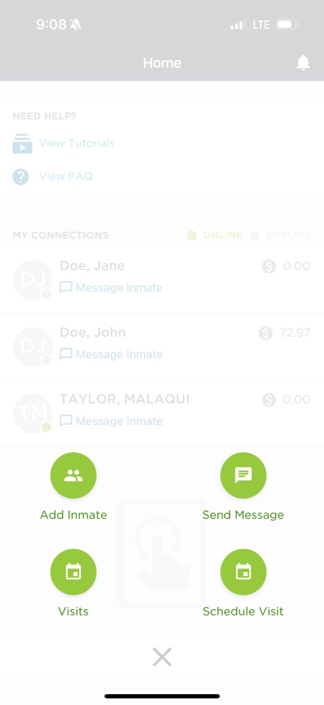 HomeWAV - A central floating action button provides immediate access to key functions like 'Add Inmate' and 'Schedule Visit', simplifying navigation for users.