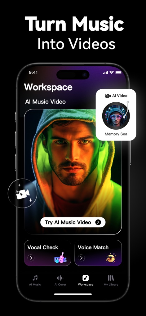 SingUp: AI Music Generator - Explore how the app transforms audio into engaging visual content, showcasing the "Workspace" for generating stunning AI Music Videos and features like "Vocal Check" for refining performances.