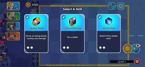 Future Guard - Explore the critical "Select A Skill" interface, detailing distinct ability cards like "Energy Bomb" and "Laser Beam" with their descriptive text for strategic hero progression.