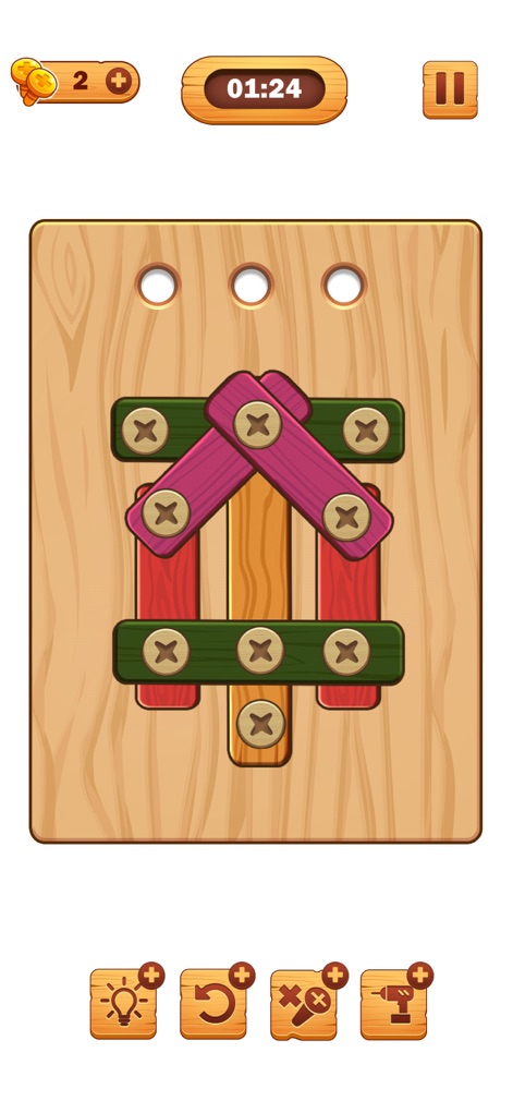 Screw Puzzle: Wood Nut & Bolt™ - Esta instantánea presenta un puzzle que replica la familiar forma de casa, combinando la mezcla de colores cálidos de las tablas con tornillos estratégicamente colocados, desafiando la lógica espacial de los jugadores.