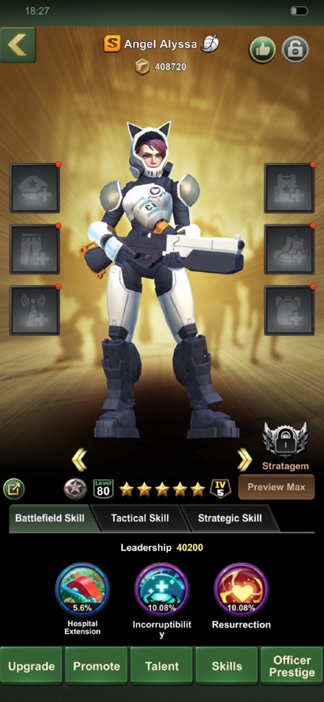 TOY WARS: Green Soldier Strike - The app presents detailed officer statistics, including combat skills and leadership points, allowing players to customize and optimize individual units like 'Angel Alyssa' for strategic advantages.