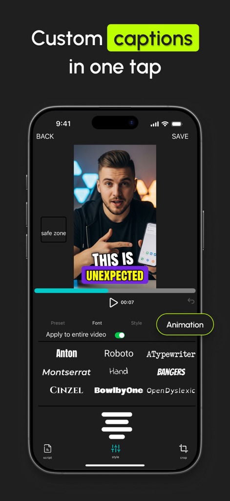 AutoCap: Auto Video Captions - Os usuários podem personalizar legendas com facilidade, utilizando estilos únicos como o mostrado "THIS IS UNEXPECTED", e selecionar entre diversas fontes e opções de "Animation" na barra de ferramentas inferior.