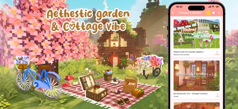 Furniture mod for Minecraft PE - Users can transform outdoor spaces into idyllic retreats, featuring quaint cottage structures and beautiful garden accents such as bicycles and flower carts.