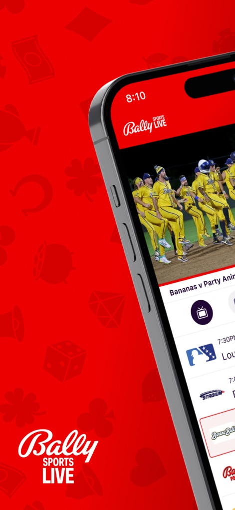 Bally Sports Live - L'app offre un'ampia varietà di eventi dal vivo, come il Baseball della Banana Ball visibile sullo schermo e una lista di partite future che include il combattimento Bare Knuckle FC.