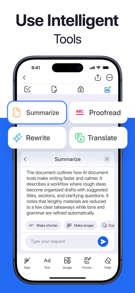 Forma: PDF Document Editor - AIアシスタントは、長文の契約書を要約したり、テキストを校正したりすることで、ユーザーの文書作成と管理を強力に支援します。
